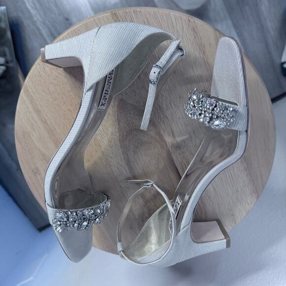 Badgley Mischka Silver Crystal Block Heel Sandals 10 Wedding Evening Bridal Shoe - Picture 5 of 9
